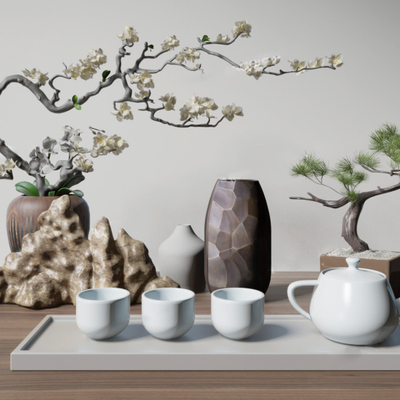 茶具盆景松树摆件3d模型